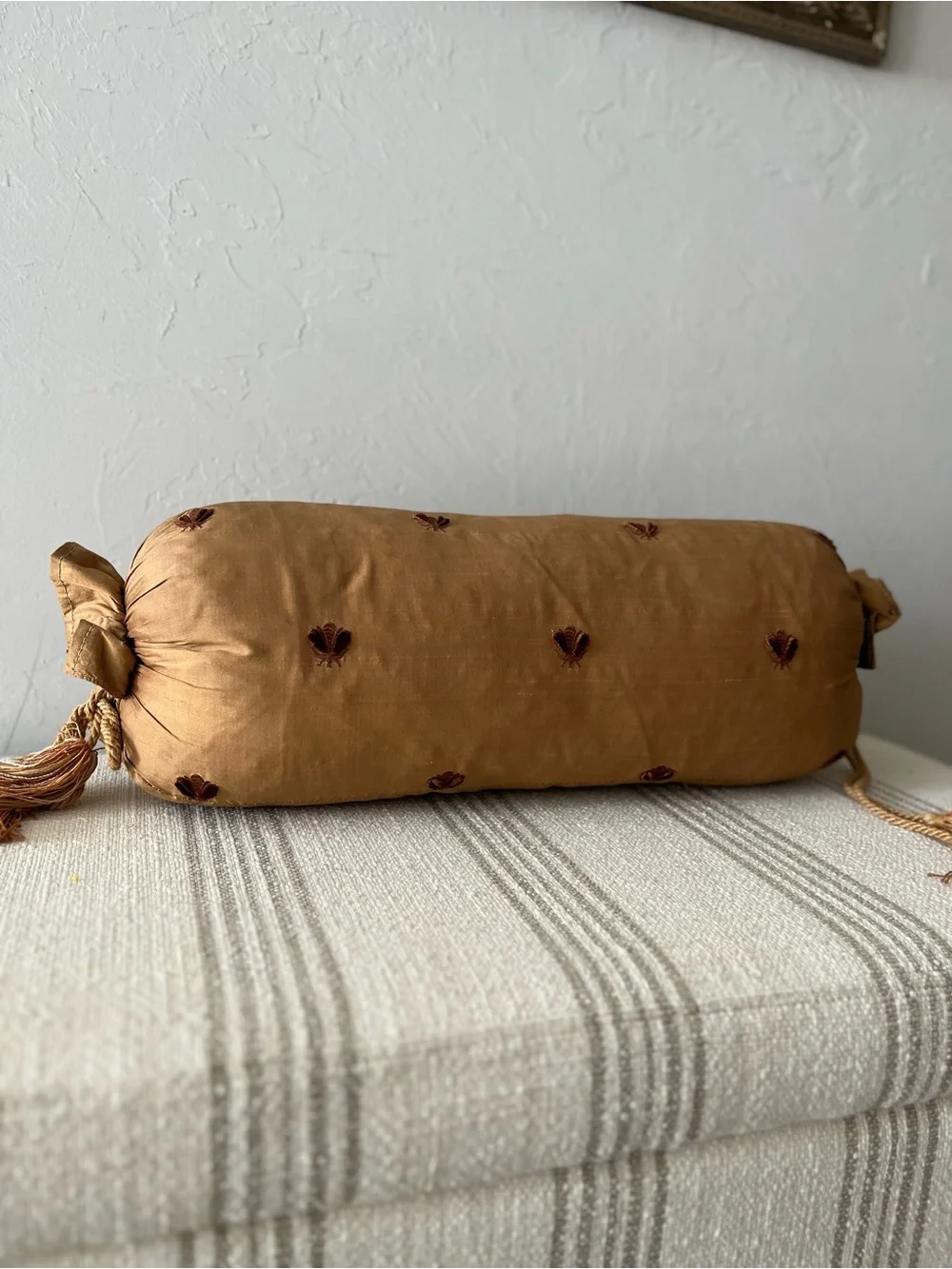 Tan/Brown Decorative Bolster Pillow with Embroidered Bee Accents